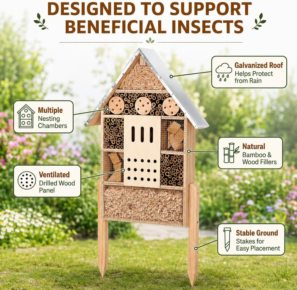 antiai Extra Large Wooden Insect House with Stakes,Wood Mason Bee Butterfly House,Insect Hotel,an Outdoor Bamboo