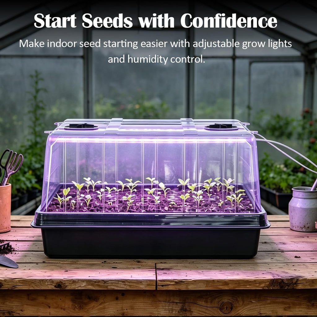 3-Pack Seed Starter Trays with Grow Lights, 5" Tall Humidity Dome & 54-Cell | 2.8" Deep Cells, 96 LEDs per Set, 3 Light