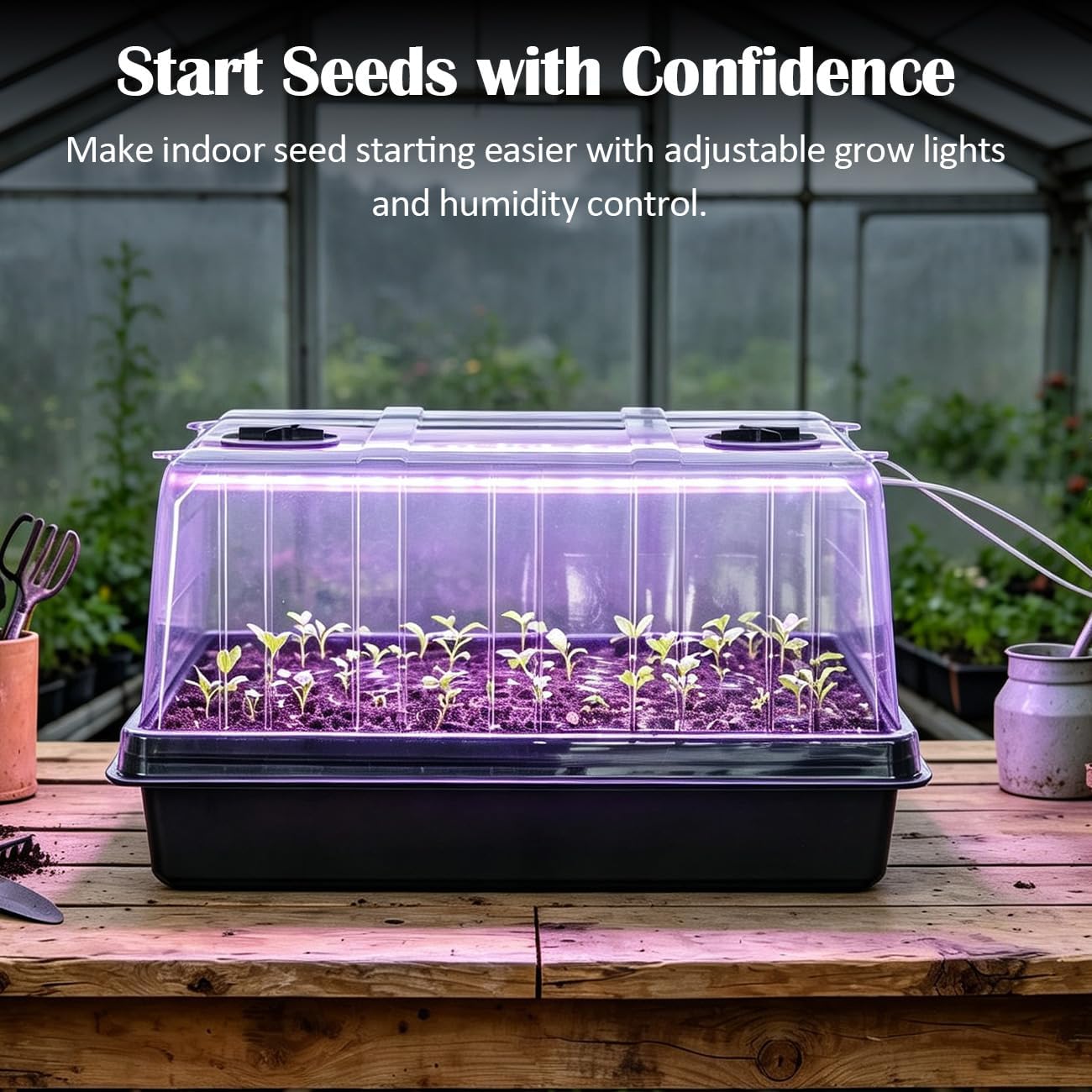 3-Pack Seed Starter Trays with Grow Lights, 5" Tall Humidity Dome & 54-Cell | 2.8" Deep Cells, 96 LEDs per Set, 3 Light