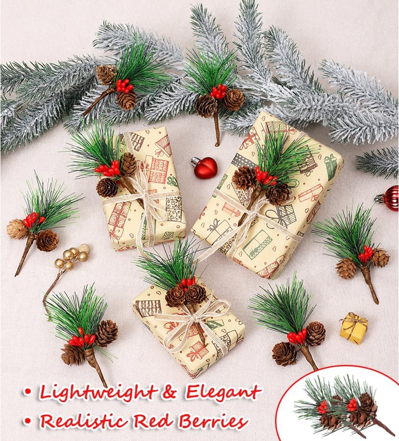 AKOAK 8 Pcs Mini Christmas Tree Picks, Artificial Pine Flower Branches with Berries for Holiday Decor, Gift Box Bouquet Wedding Party Home Decoration