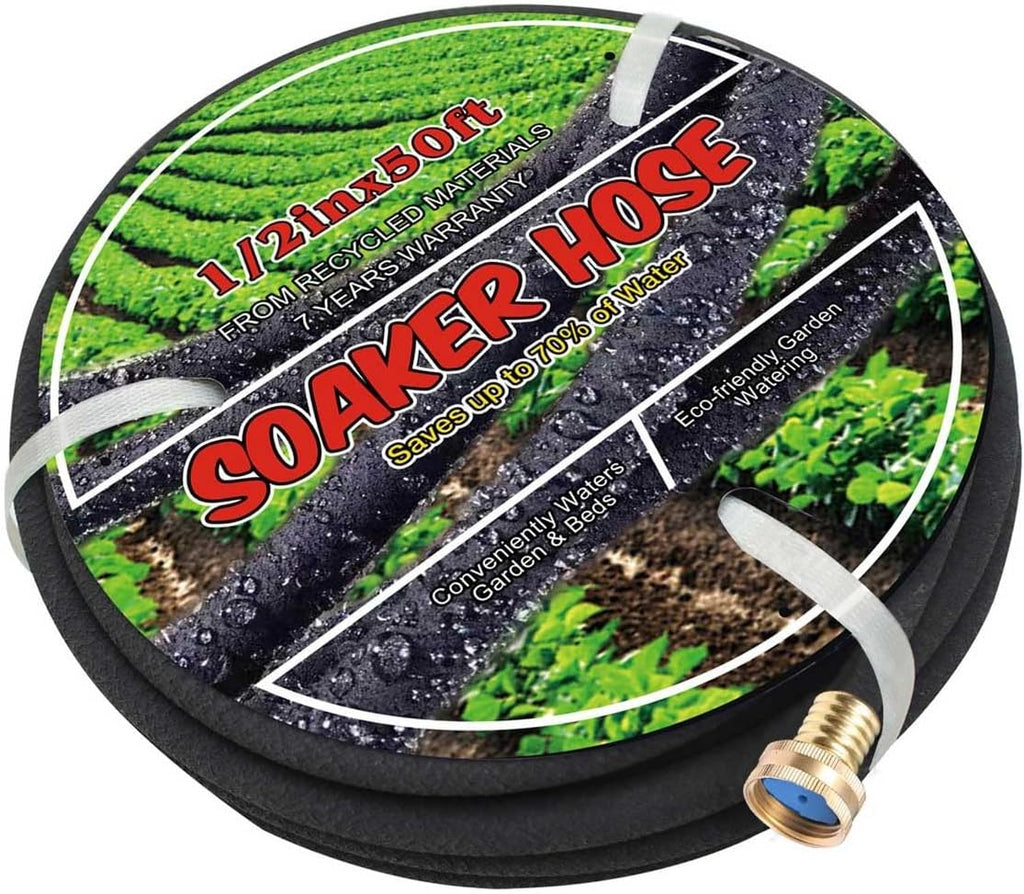 Soaker Hose 1/2" 50ft Rubber Garden Soaker Hoses, Water Seeper Round Drip Hose, Heavy Duty Drip Irrigation Hose For