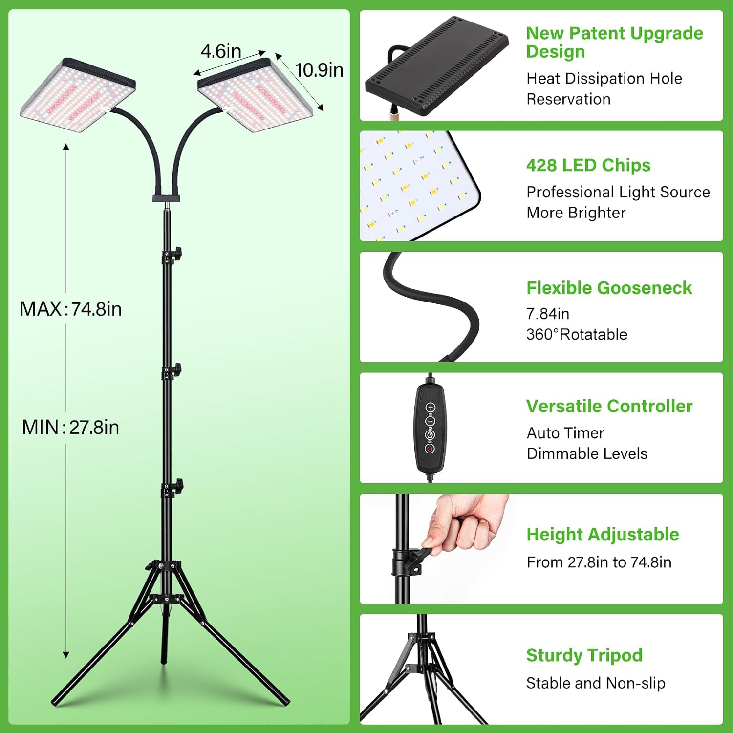 LBW Grow Lights for Indoor Plants, 428 LEDs Full Spectrum Plant Light | 2-Head Grow Lamp, 3/6/12H Timer, 6 Brightness
