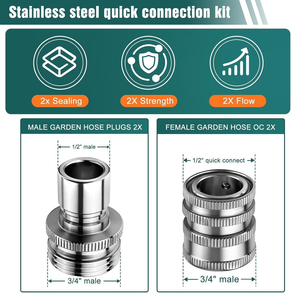 Upgraded Stainless Steel Quick Connect Hose Fittings Set - 3/4" GHT Universal Quick Release Garden Hose Connectors