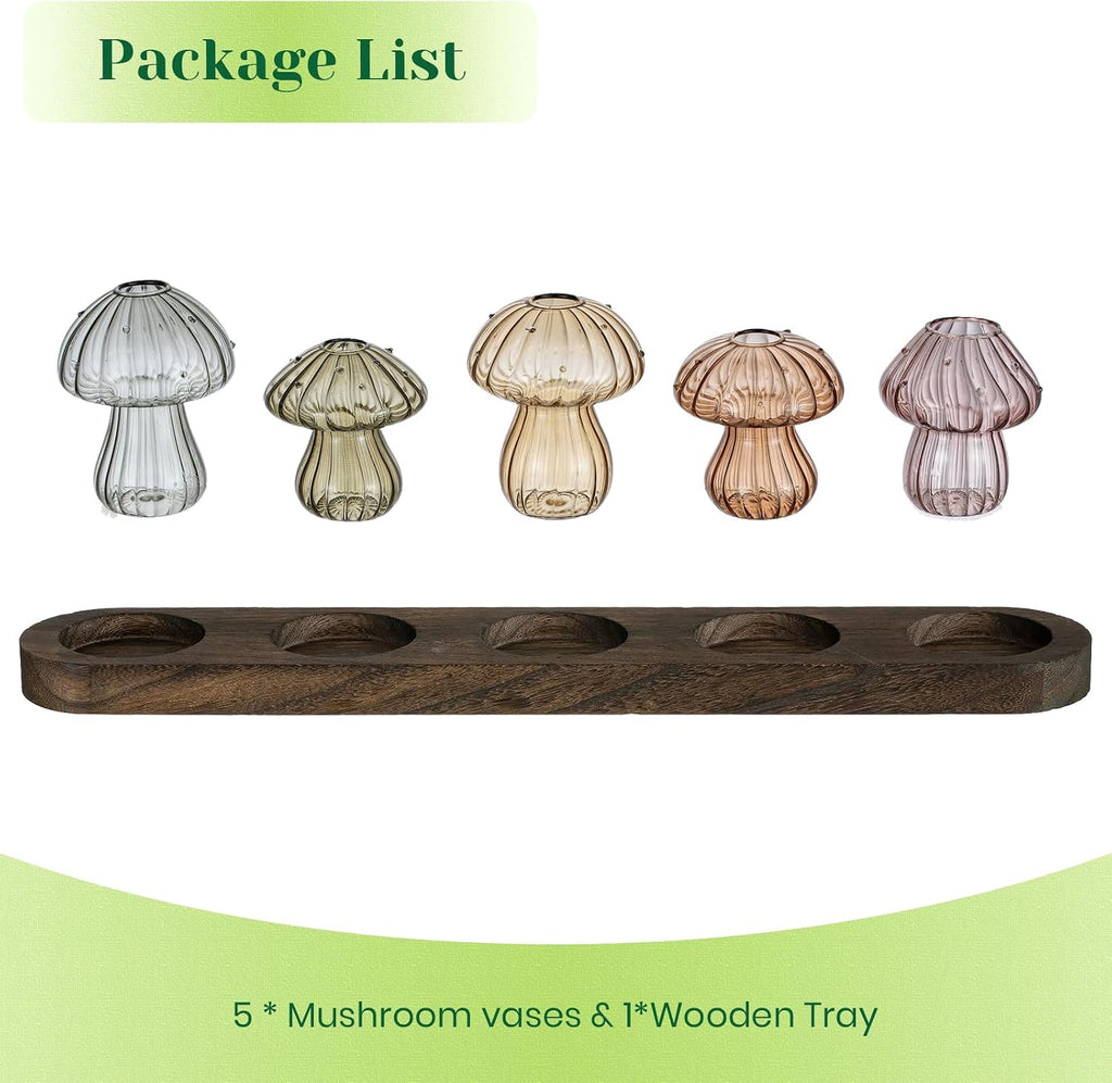 Hewory Plant Propagation Stations: 5PCS Amber Mushroom Vase with Wood Tray | Gifts for Plant Lovers, Mother