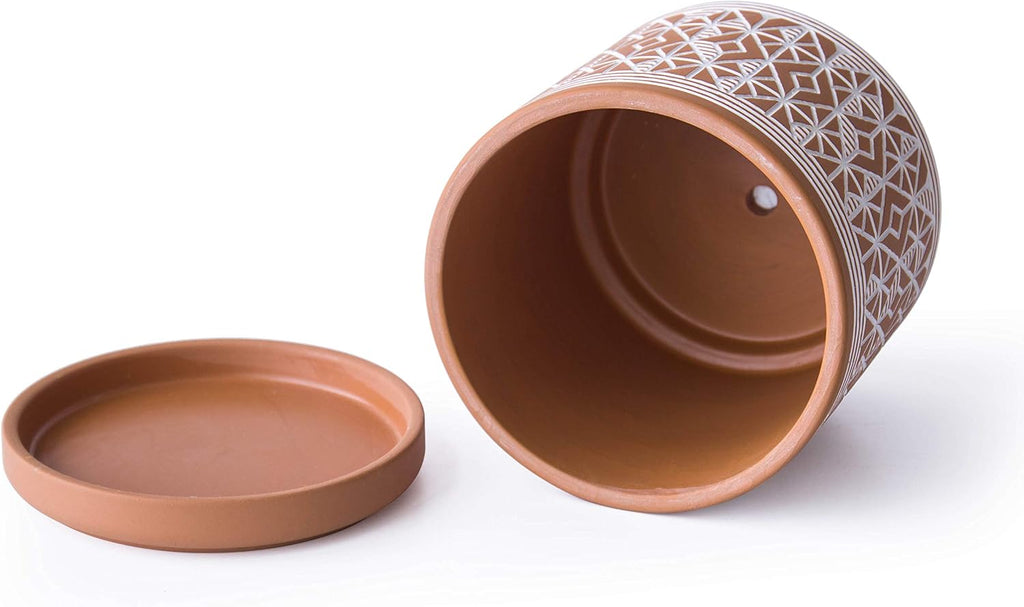 D'vine Dev 2-Pack Terracotta Pots, 4/6 in, Terra/White, 31-958-G-1 | Hand-Painted Pattern, Natural Clay Texture