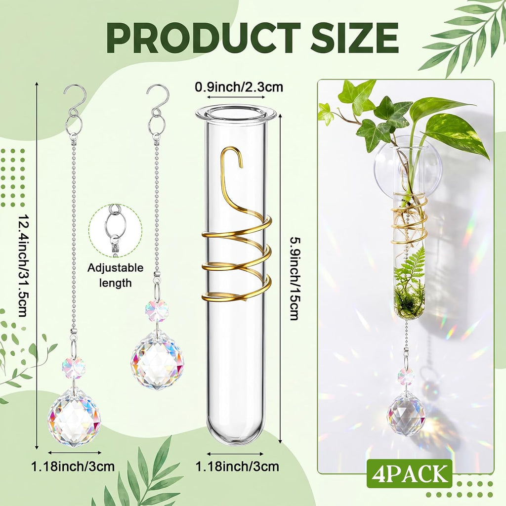 Zhehao 4 Set Window Hanging Propagation Stations 5.9'' Plastic Propagation Vases with Suction Cup & Crystal Pendants