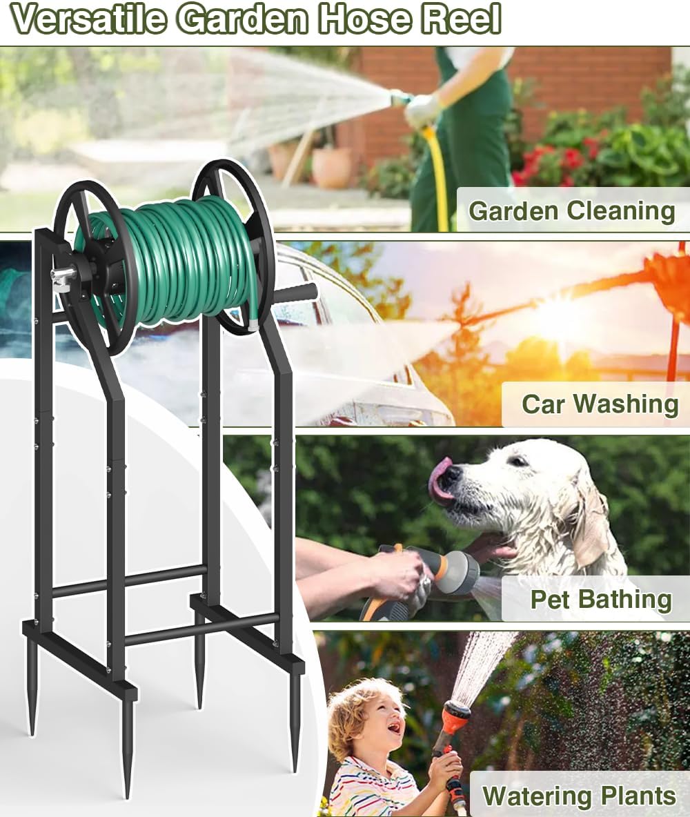 4-Spike Garden Hose Reel with 3.9ft Leader Hose & Stainless Fitting, Outdoor Hose Holder holds 125ft Hose of 5/8"