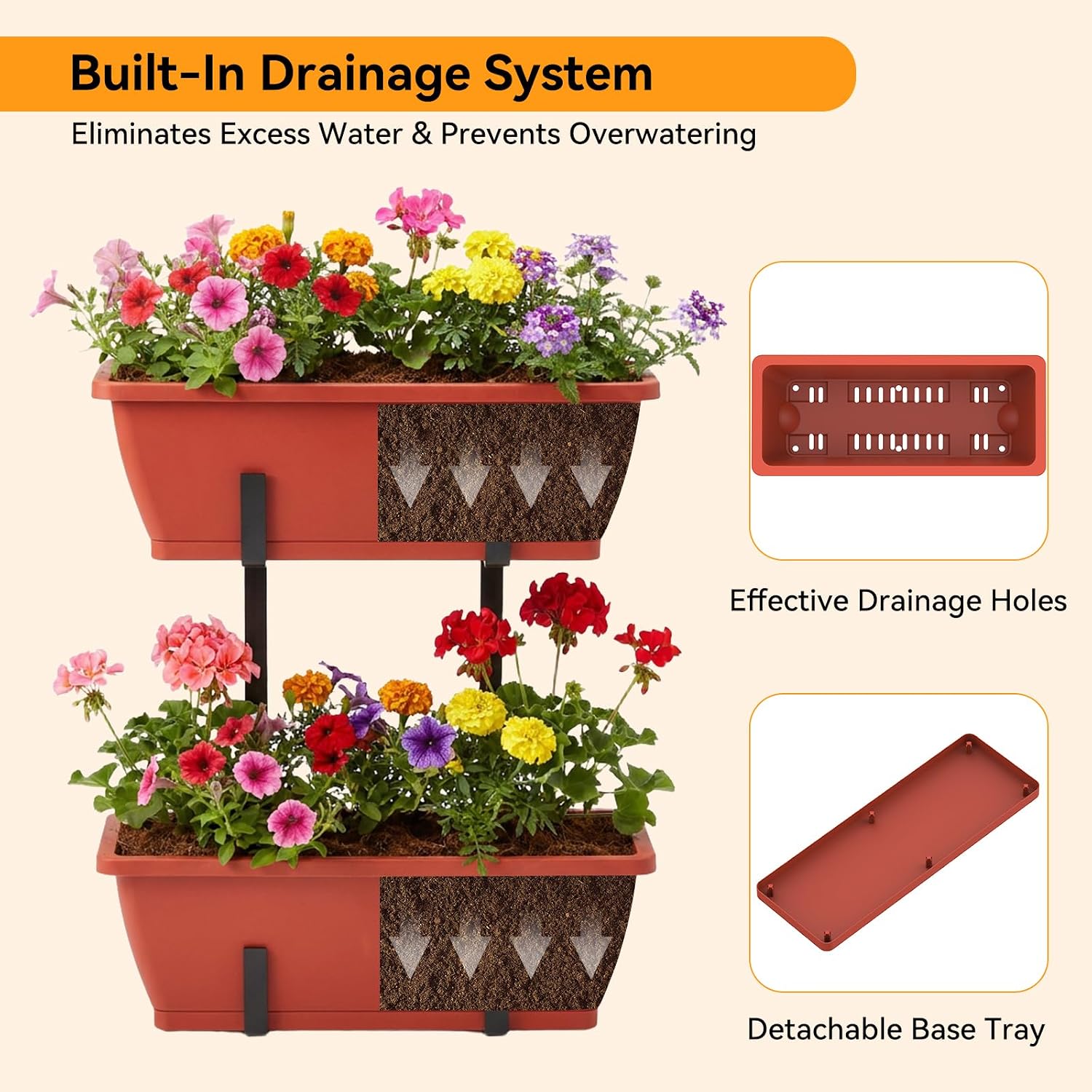 CADUKE Railing Planters Outdoor Balcony, 16.9" Hanging Flower Pots, Fence Planters for Deck Patio Garden with Drain