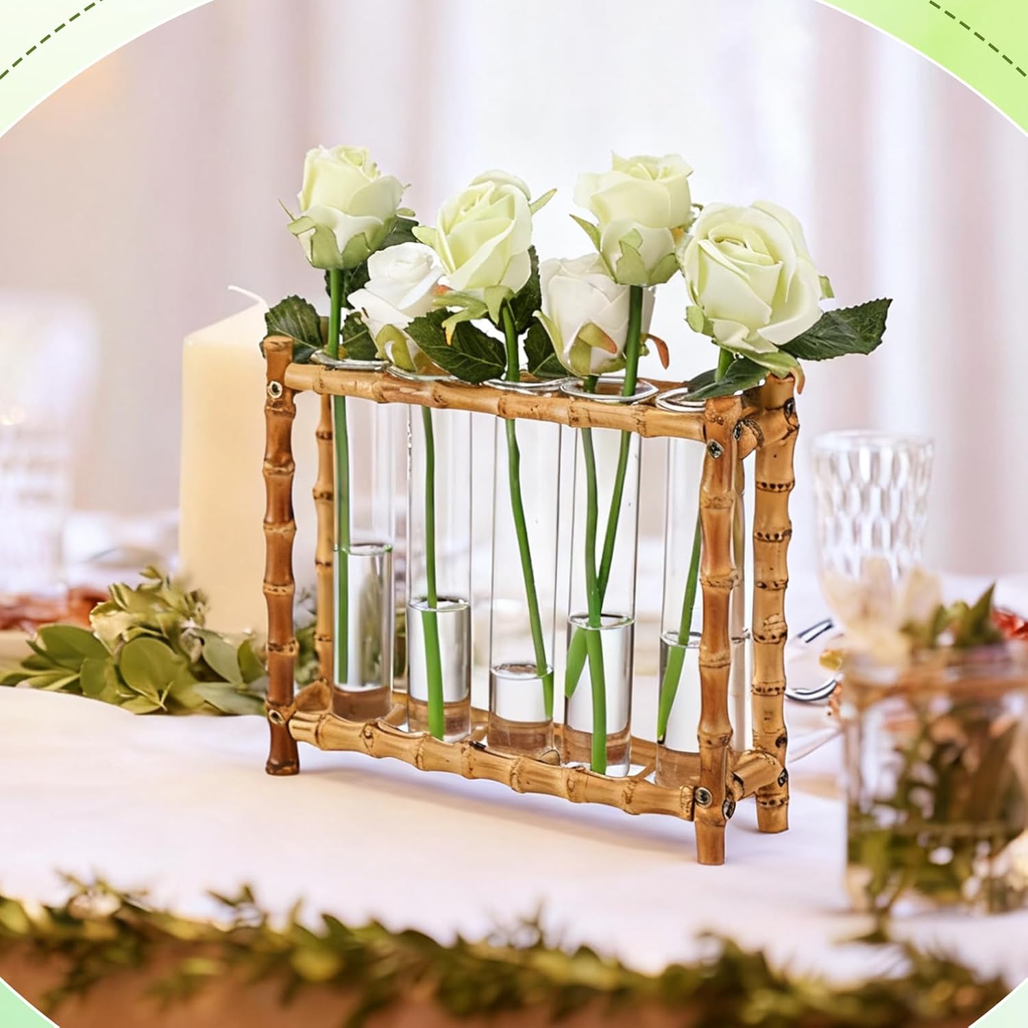 Natural Bamboo Vase with 5 Glass Tubes, Plant Propagation Station with Test Tube, Hydroponic Plants Cutting, Modern Art