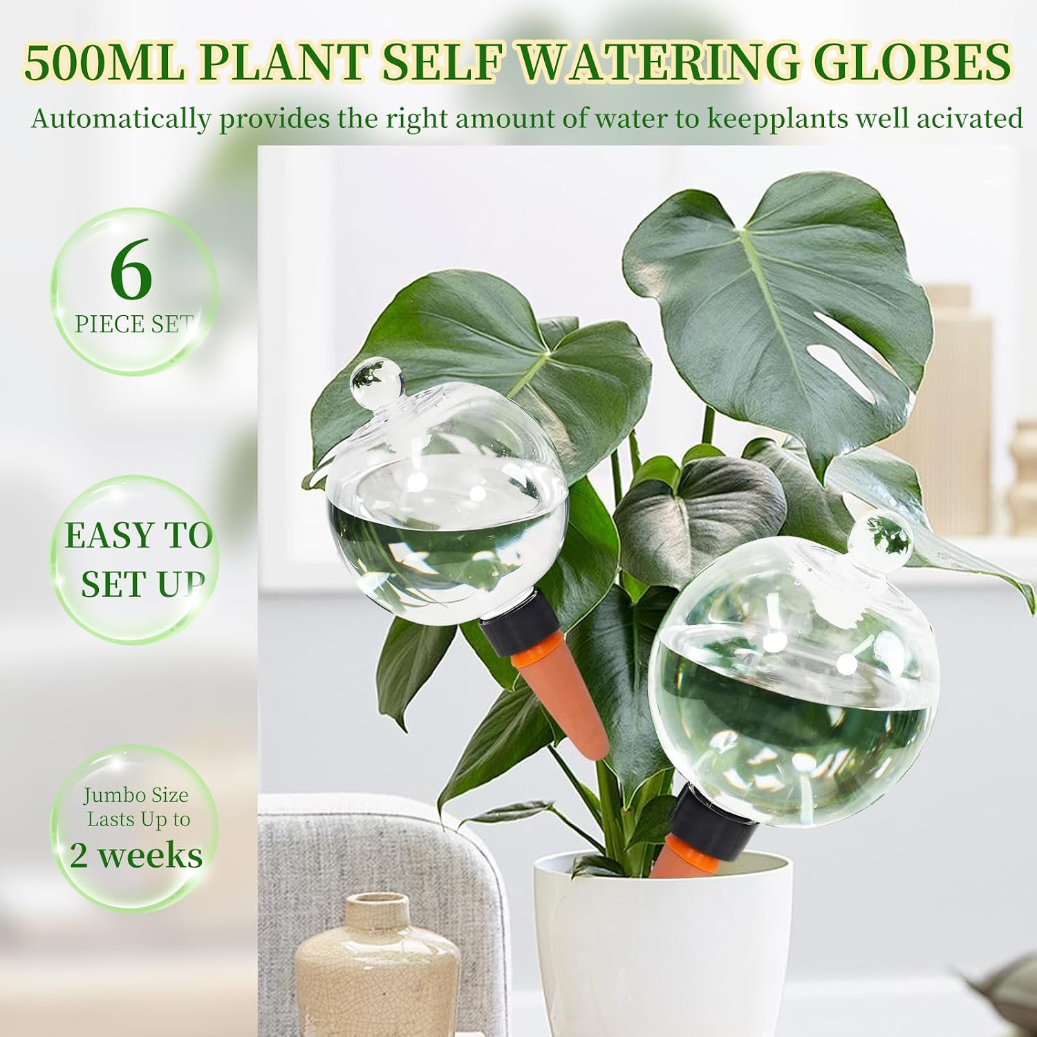 6pcs Plant Self Watering Globes with Covers, Plastic Water Bulbs Top Fill, Plant Watering Devices System Slow Release