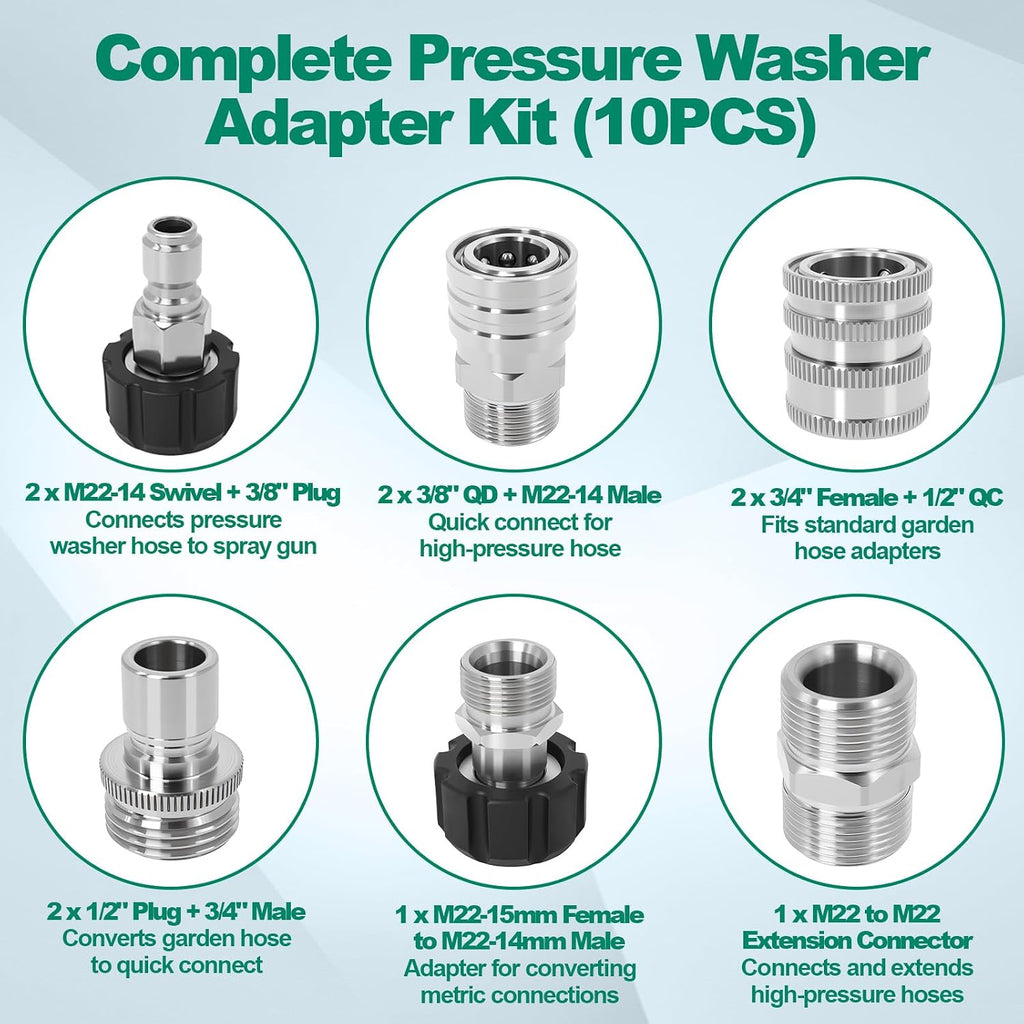 Pressure Washer Quick Connect Kit 10PCS Power Washer Accessories Adapter | Stainless Steel M22-14mm Swivel to 3/8"