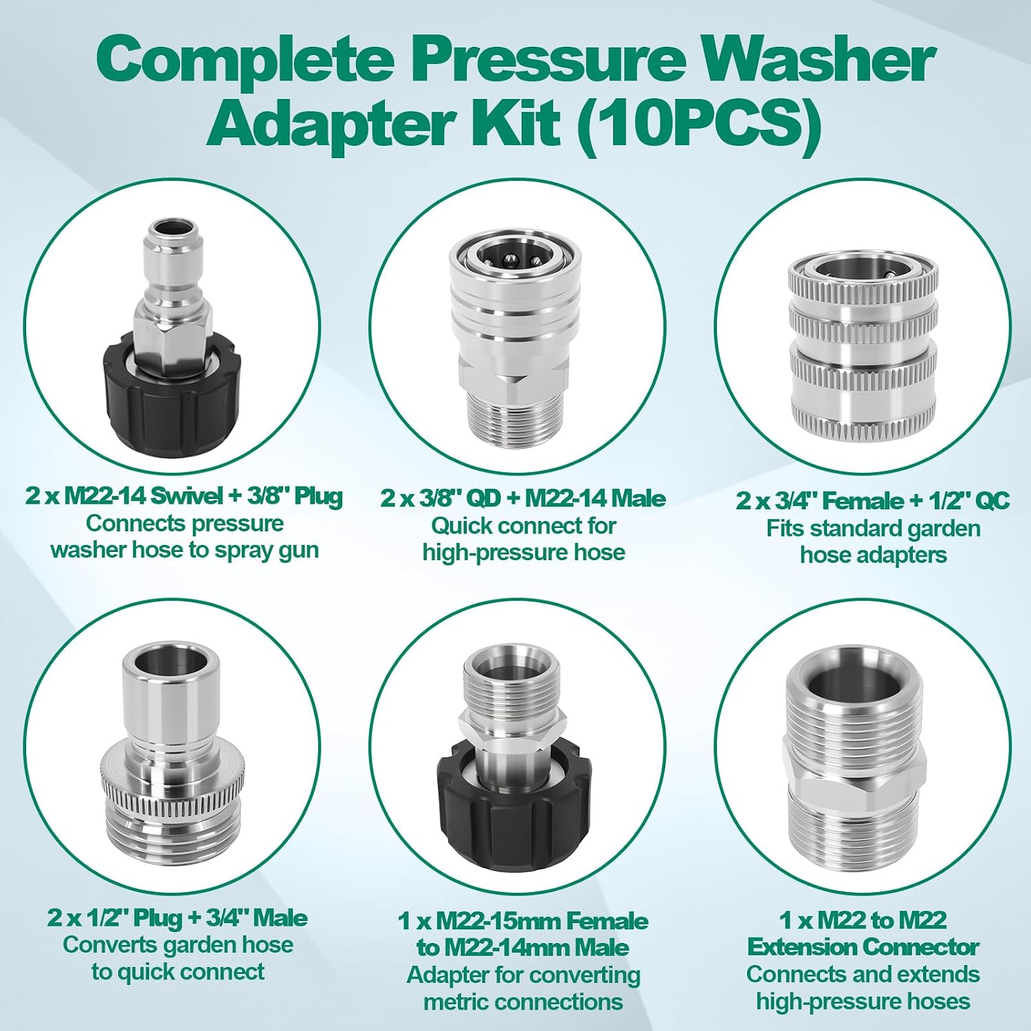Pressure Washer Quick Connect Kit 10PCS Power Washer Accessories Adapter | Stainless Steel M22-14mm Swivel to 3/8"