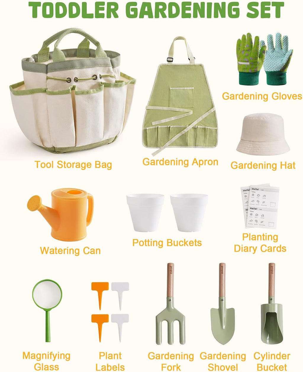 ROBUD Kid Gardening Set, Wooden Garden Tool for Kid, Garden Tool Kit with Tool Storage Bag, Apron, Gloves, Montessori