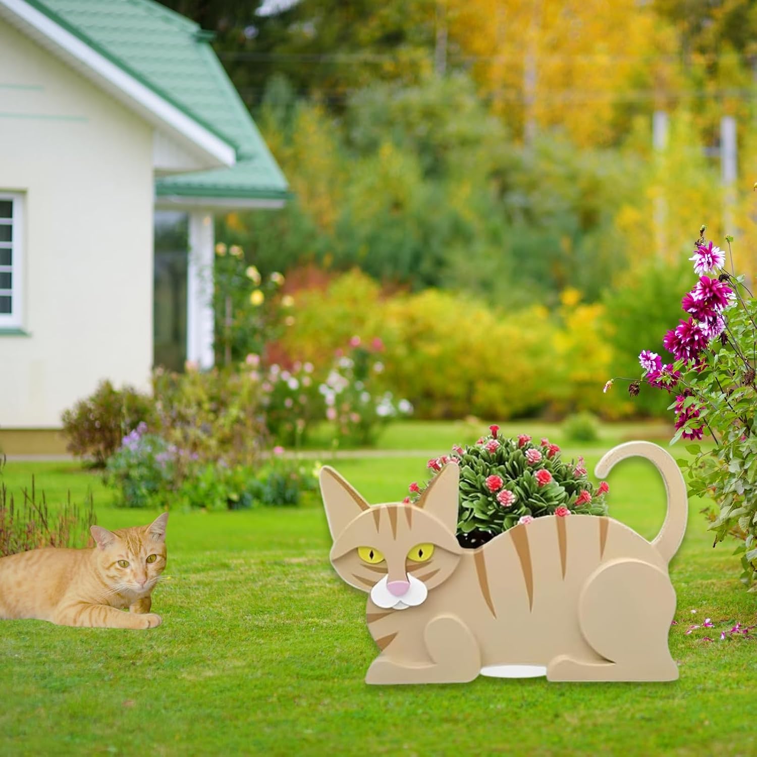 Yellow Cat Planter Pots, Animal Shaped Flower Pot | Cute Plant Gift for Women and Pet Lovers, Indoor Outdoor Garden