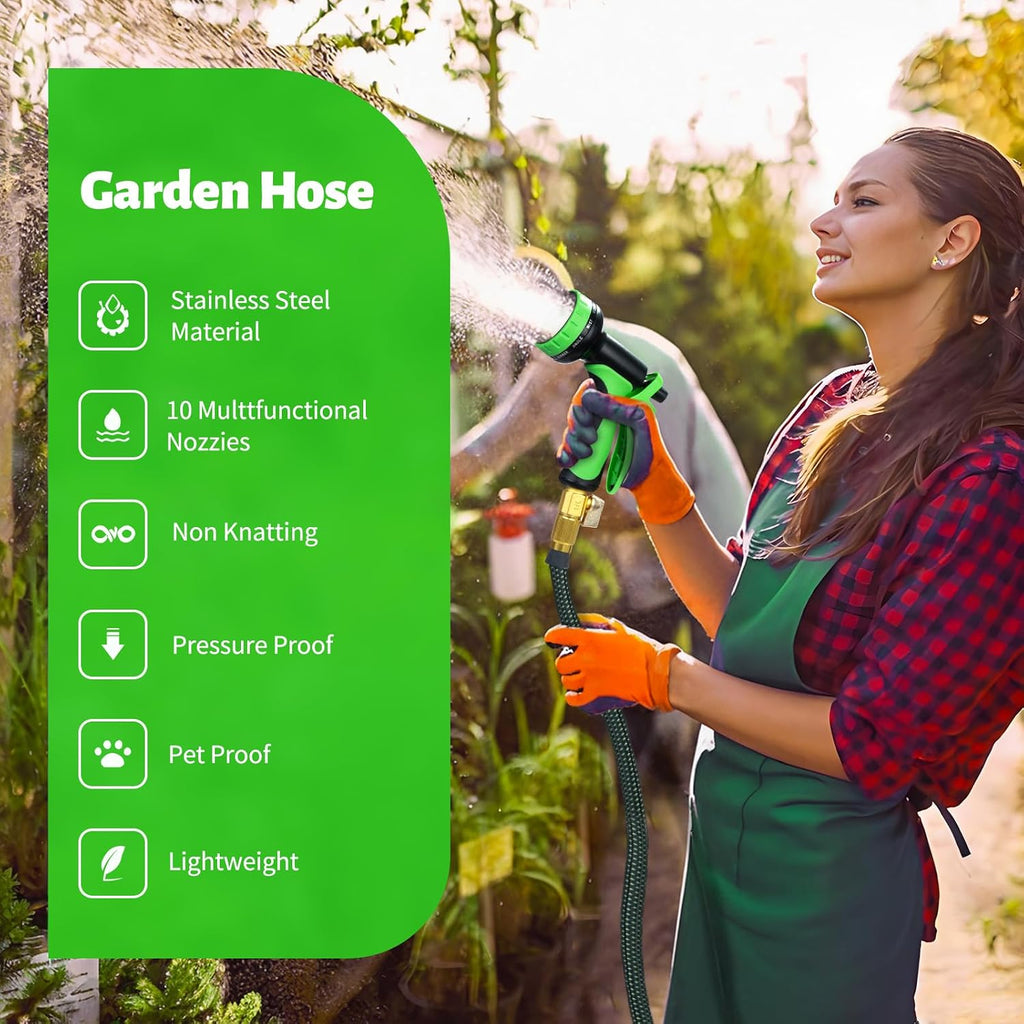 Garden Hose 25 FT,Non-Expanding,10 Functional Nozzles,Garden Hose Anti-Kink | Heavy Duty Flexible Water Hose 25