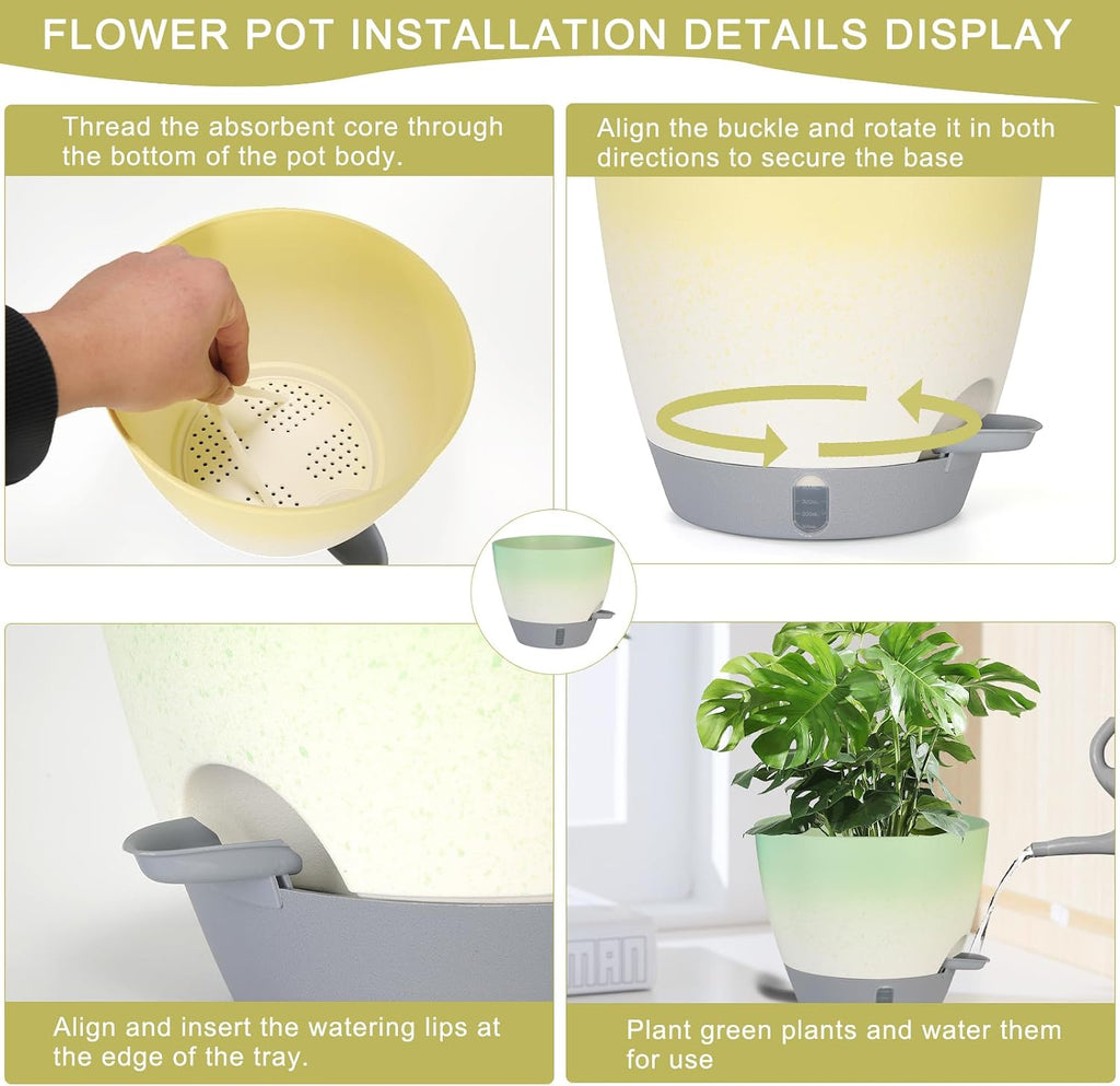 4-Piece Planter Set, 12/10/9/8-inch Self-Watering Pots with Drainage Holes, Deep Trays, Water Level Indicators