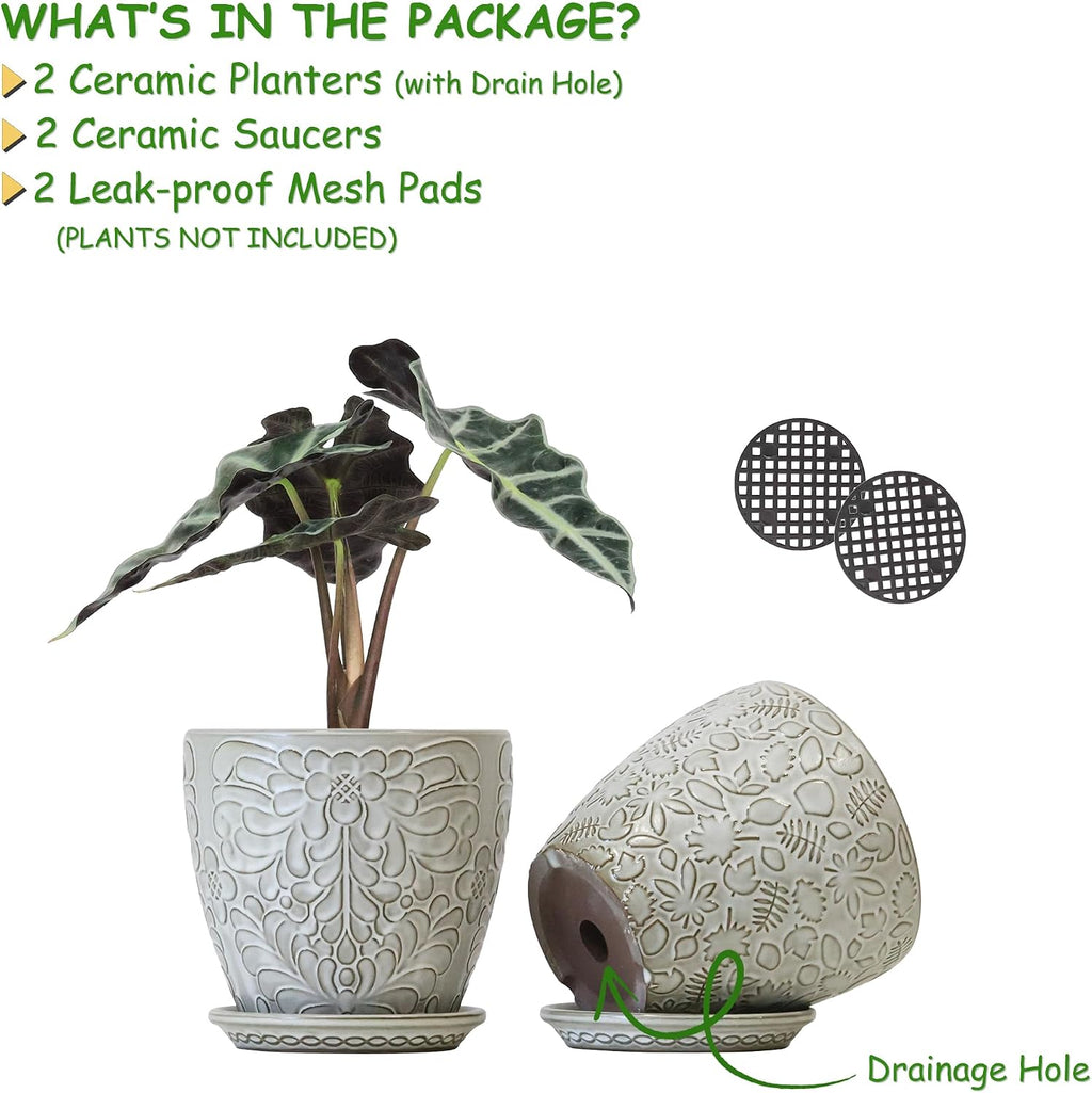 6 Inch Ceramic Planter Pots with Drainage Hole and Saucers for Indoor Plants, Garden Pots for Succulent, Orchid, and