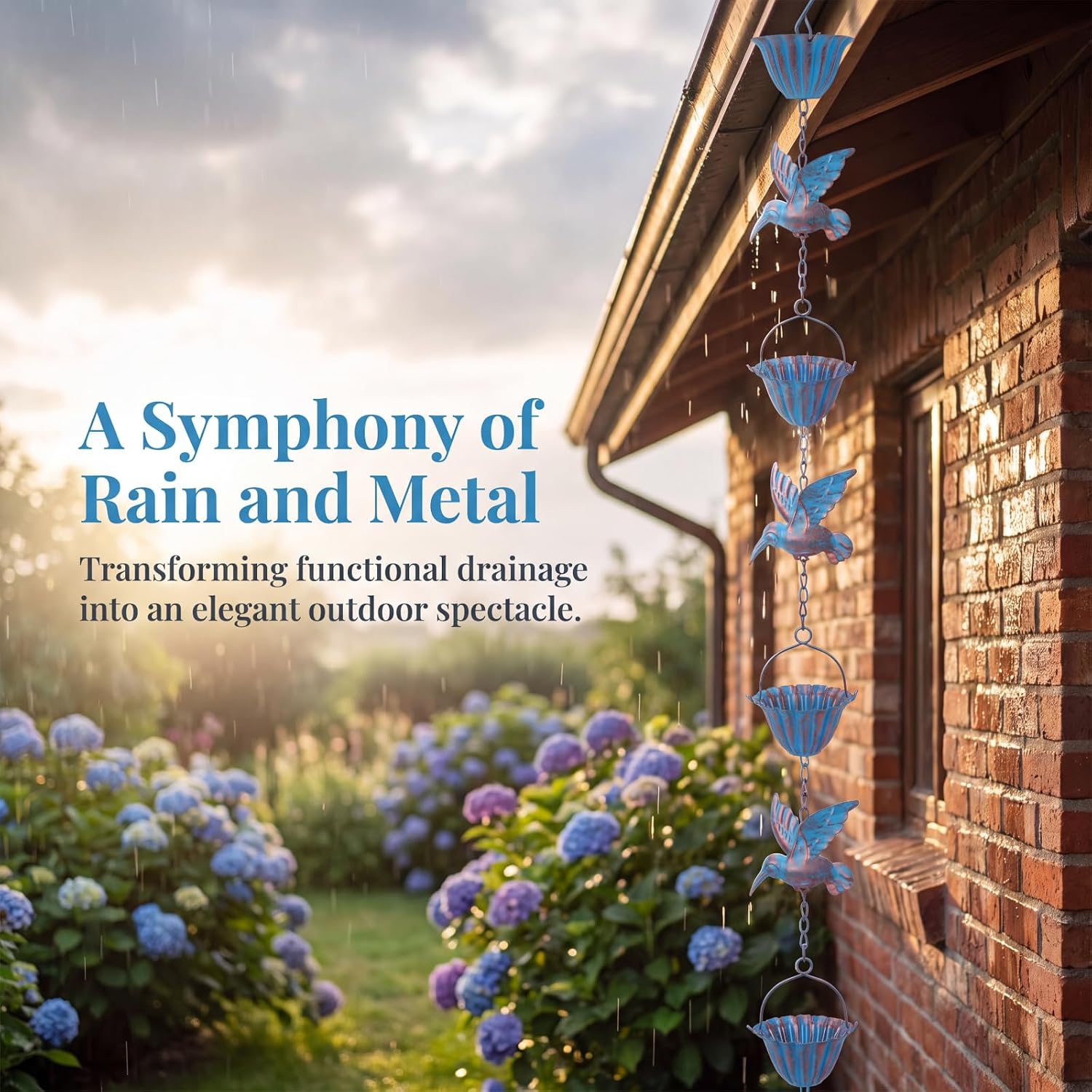 Hummingbird Rain Chain, 7.8 FT 7-Cup Adjustable Gutter Rain Catcher (Blue) | Adjustable Rust Resistant Outdoor Rain