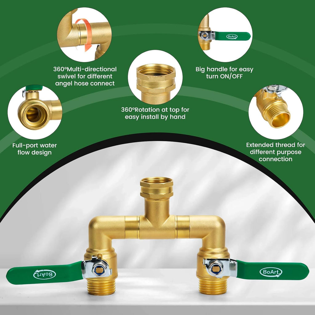 2 Way Heavy Duty Brass Garden Hose Splitter, 360° Rotatable Y Valve, Full Flow Large Ball Valve, Long Handle, Thickened