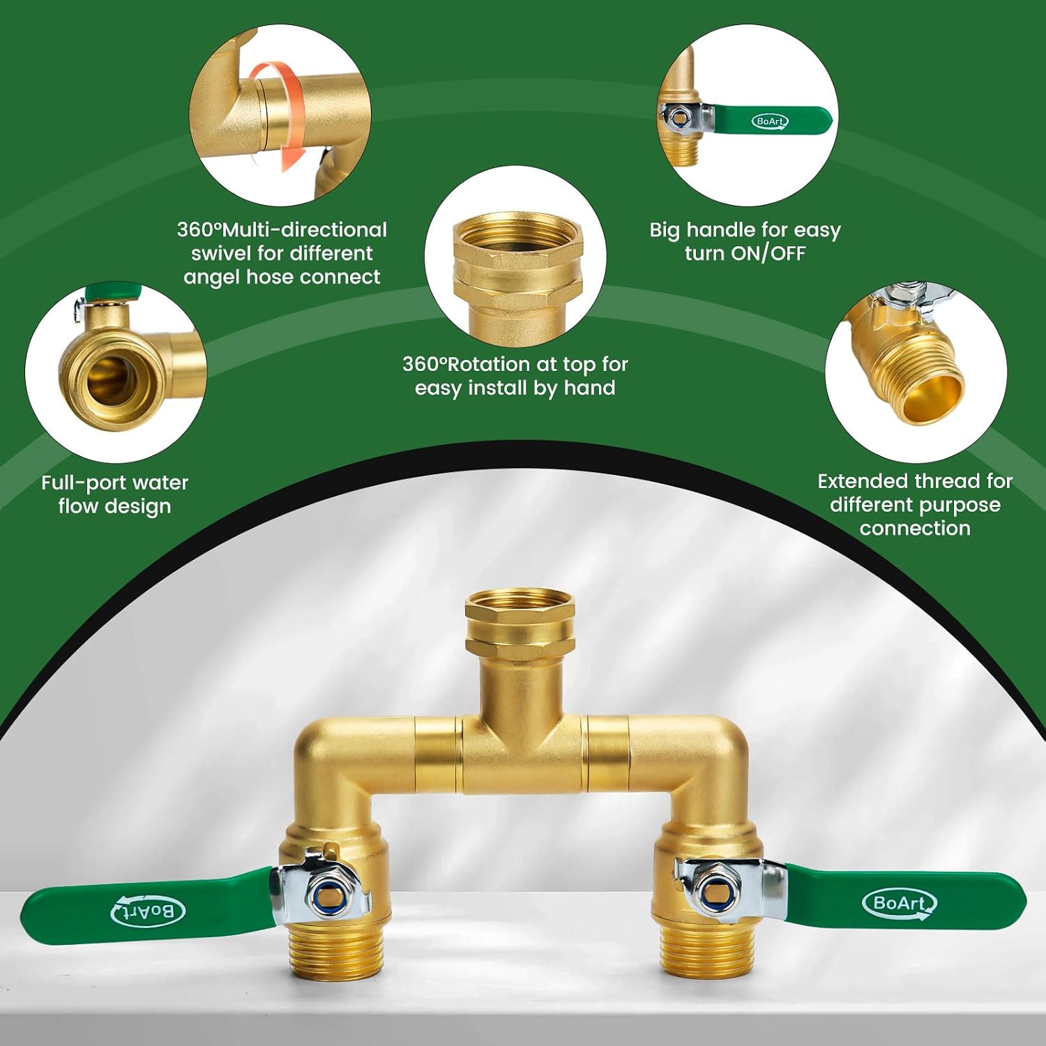 2 Way Heavy Duty Brass Garden Hose Splitter, 360° Rotatable Y Valve, Full Flow Large Ball Valve, Long Handle, Thickened