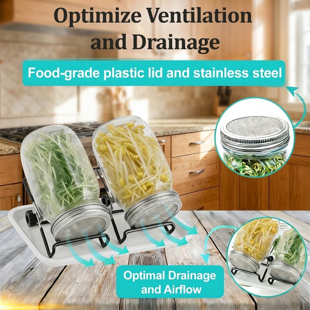 4 Pack Wide Mouth Sprouting Jar Kit, Lids, Stands, Trays & Cleaning Brushes | Glass Jar Set with with Stainless Steel