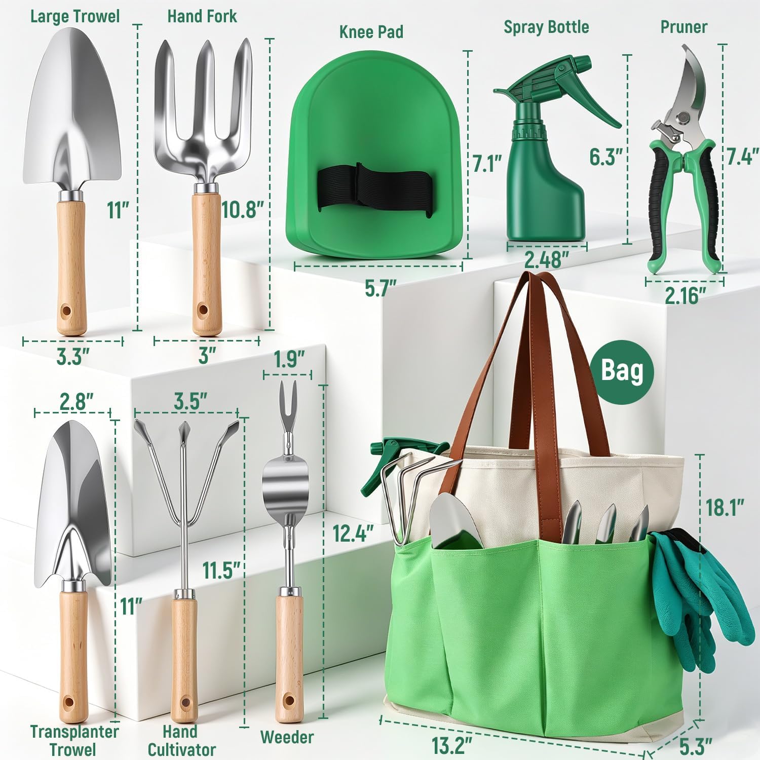 Gardening Tool Set, Heavy Duty Stainless Steel Hand Tools with Wooden Handles, Storage Tote Bag, Ergonomic Design