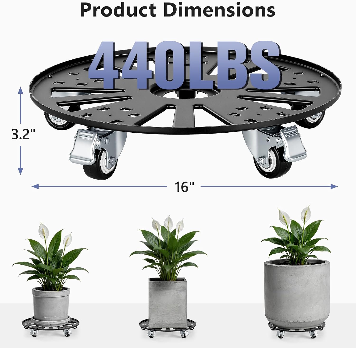 KEDSUM 16" Plant Caddy with Wheels, Anti-Rust & Anti-Slip Plant Stand with Wheels, 440LBS Heavy Duty Rolling Plant