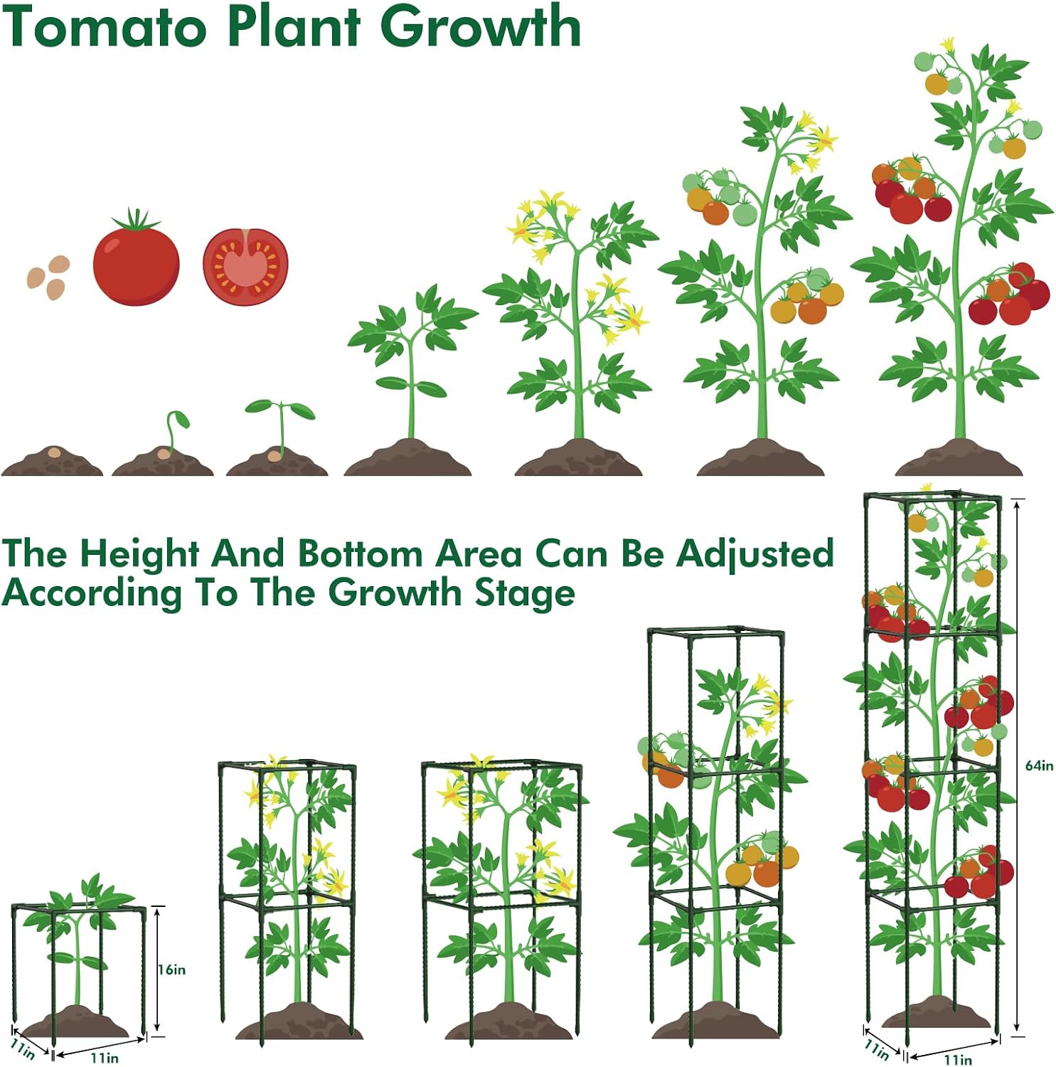 ROADPLUM 3 Pack 48" Tomato Cages for Garden, Plastic Coated Steel Pipe Heavy Duty Adjustable Tomato Stakes Trellis