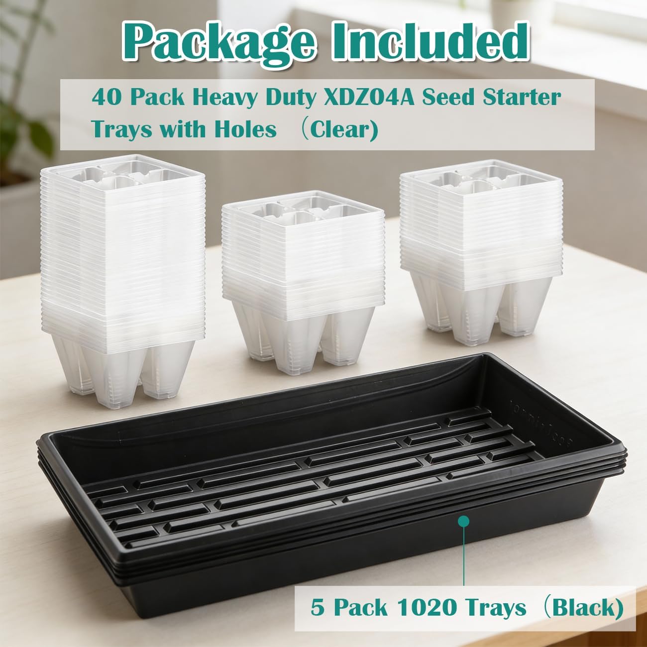 RooTrimmer 5 Pack Heavy Duty 1020 Trays and 40 Pack Clear 4 Cell Seed Starter Trays with Large Drainage Holes, Easy