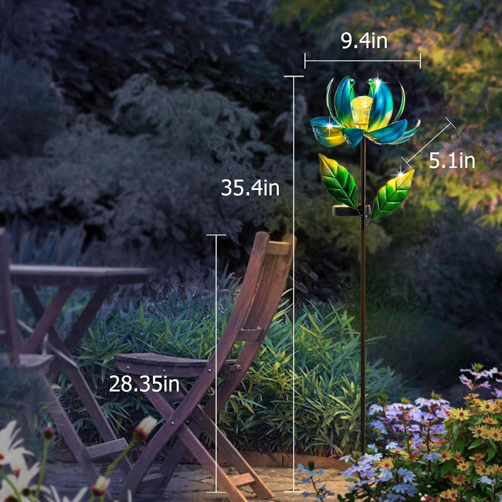 Solar Yard Lights Wind Spinners- Metal Lotus Flower Garden Decor LED Crackle Glass Globe Yard Art Sculpture Solar Stake
