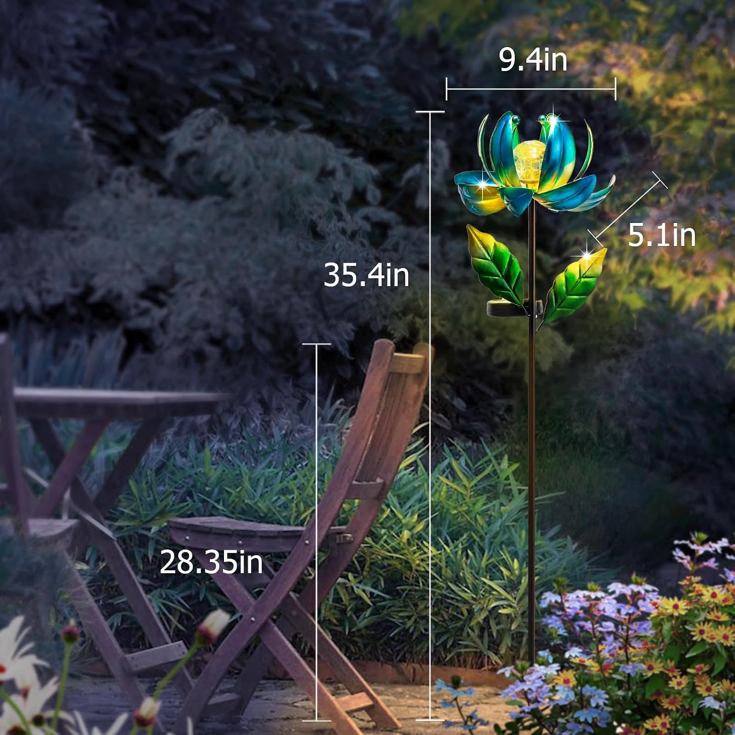 Solar Yard Lights Wind Spinners- Metal Lotus Flower Garden Decor LED Crackle Glass Globe Yard Art Sculpture Solar Stake