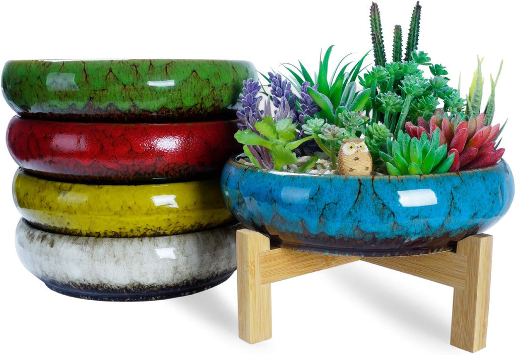 Succulent Pots, 10 Inch Large Succulent Planters with Stand - Ceramic Bonsai Pot with Drainage for Indoor Plants Cactus