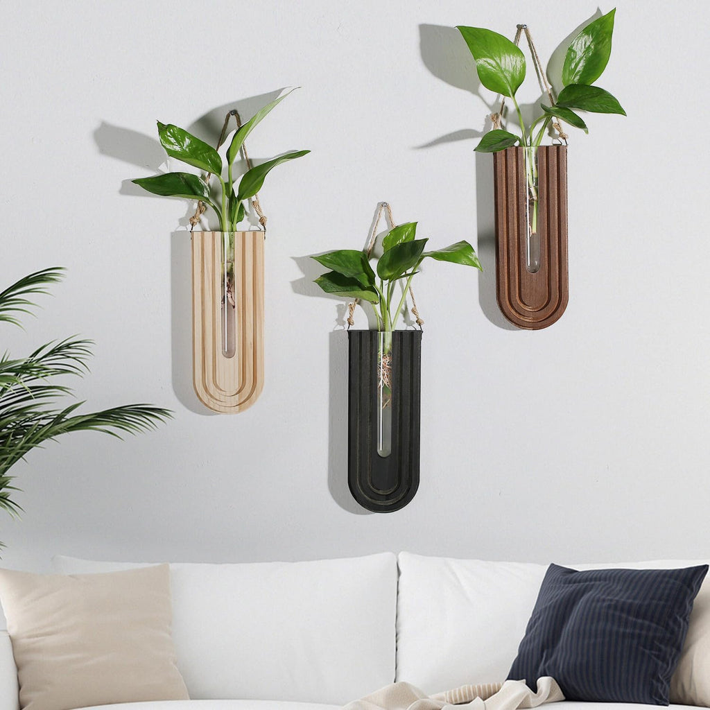 Dnnnii Indoor Wood Wall Planter Set of 3 for Plants - Boho Handmade Hanging Propagation Station with Curved Rainbow