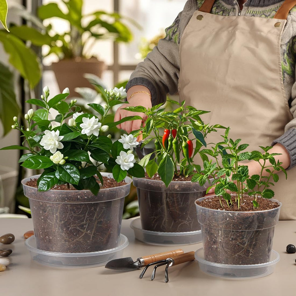 9 Pack 8/7/6 Inch Clear Nursery Pots for Plants with Saucer, Transparent Plastic Plant Pots with Drainage Holes, Sturdy