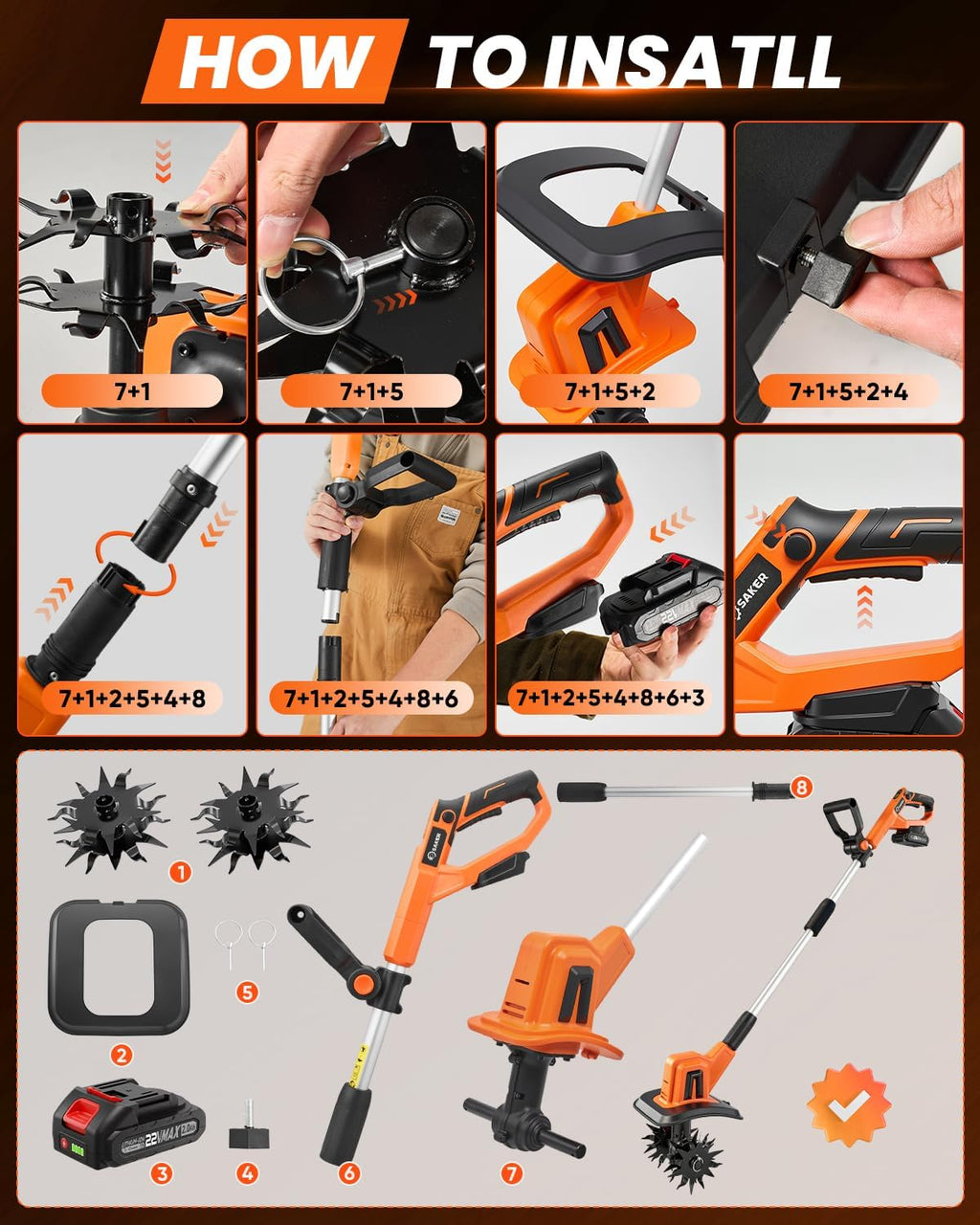 Saker 22V Cordless Garden Tiller for Gardening with Adjustable Speed | 3 Adjustable Speed,360RPM,9-Inch Tilling Width