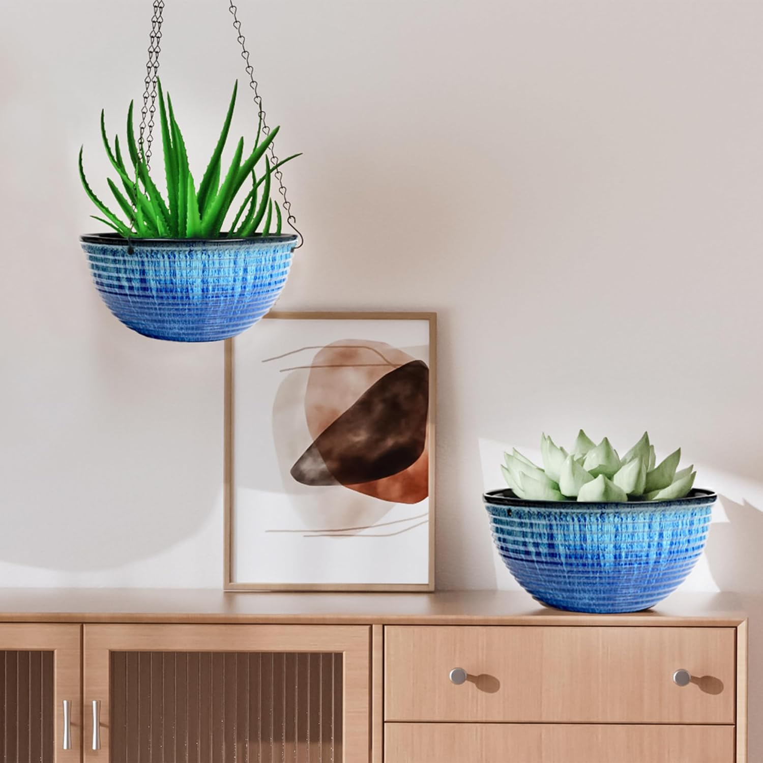 2 Pack 10 Inch Glazed Hanging Planters, Hanging Baskets with Drainage Hole | Ceramic Look, Hanging Flower Pots for
