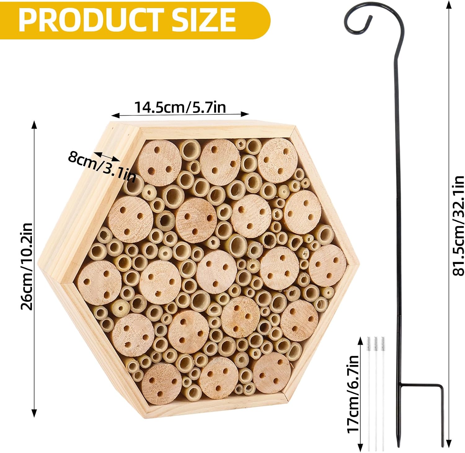 Mason Bee House, Natural Wooden Hexagon Bee House with Metal Stake & Cleaning Brush, Hanging Bees Box Habitat to