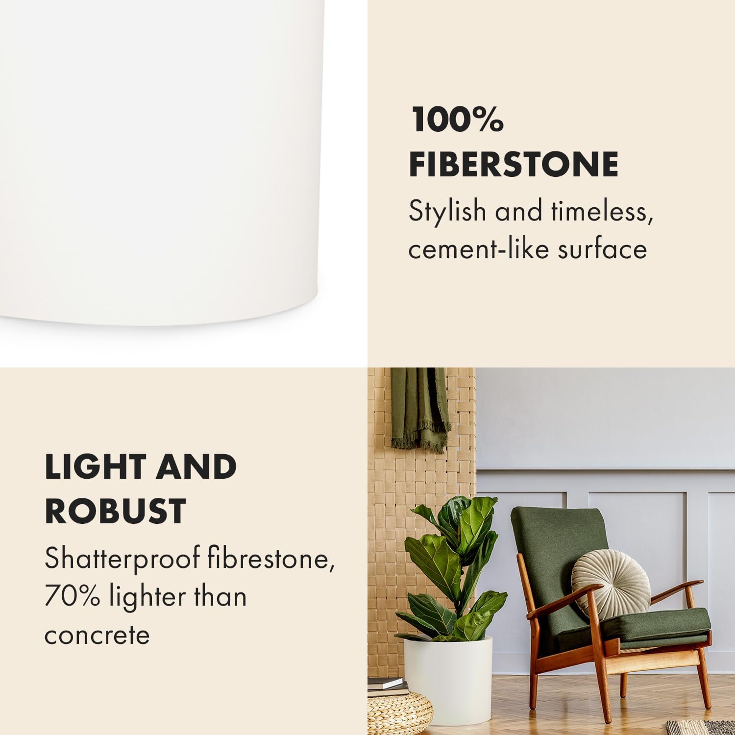 Fox & Fern Large Planter for Indoor or Outdoor, Matte White, 14.6 Inch | UV & Frost Resistant, 70% Lighter than