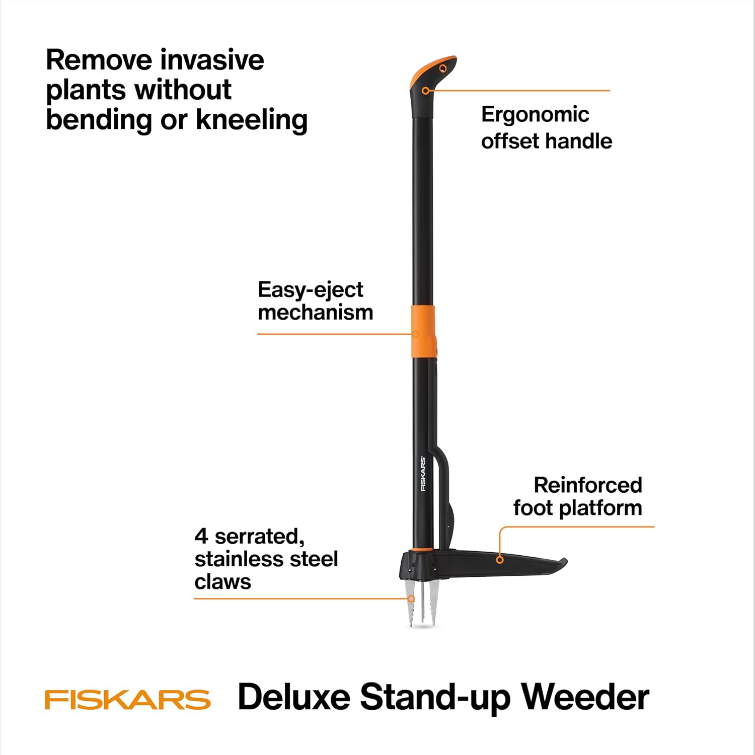 Fiskars Deluxe Stand-Up Weed Puller Tool, 4 Serrated Stainless Steel Claws | Claws Grip Dandelion Roots & More for