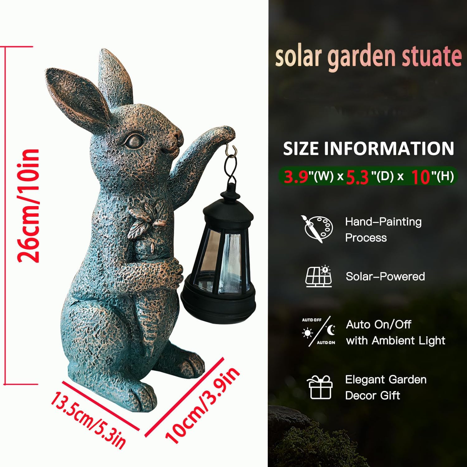 Solar Garden Statues -Rabbit Lantern Outdoor Handmade Resin Statue with LED Light, Cute Carrot Holder for Patio, Yard
