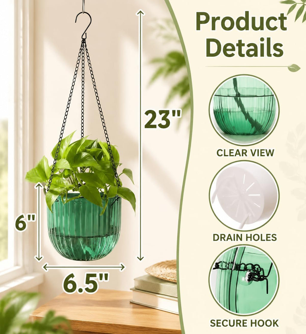 Pumtus 3 Pack Hanging Planters for Indoor Plants, 6.5 Inch Self Watering Flower Pot with Drainage Hole, Plastic Hanging