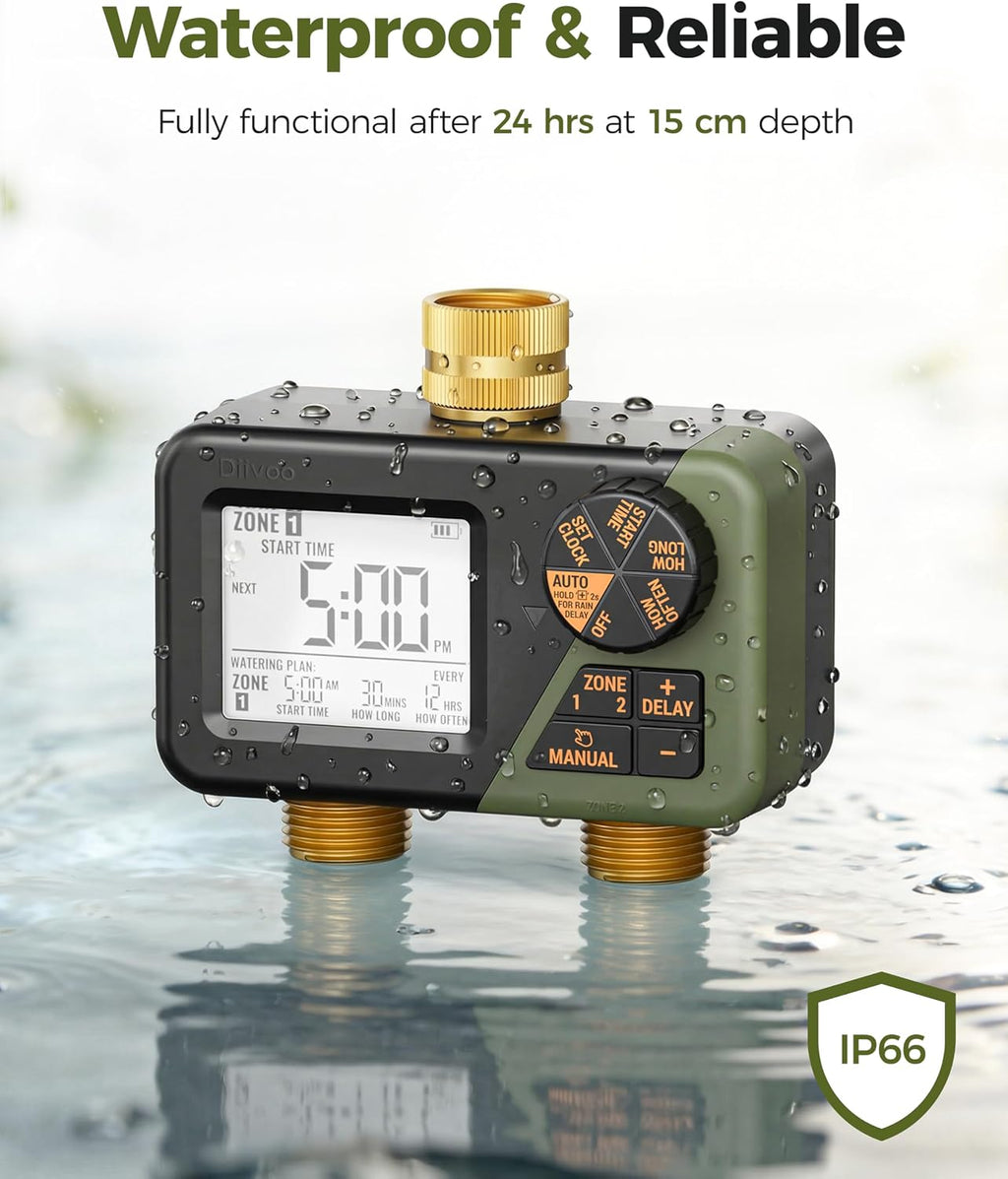 Diivoo Brass Hose Timer 2 Outlet, Sprinkler Timer for Garden Hose | IP66 Waterproof, Large Display Easy Program, Rain