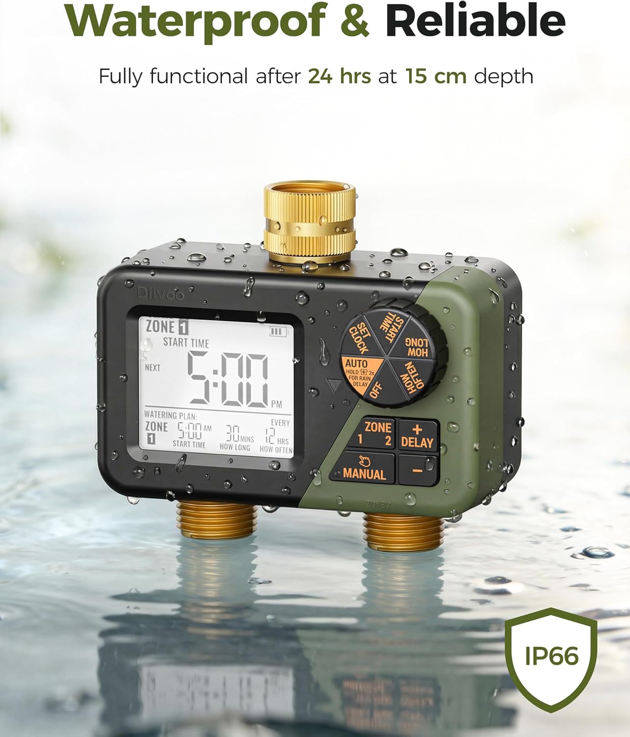 Diivoo Brass Hose Timer 2 Outlet, Sprinkler Timer for Garden Hose | IP66 Waterproof, Large Display Easy Program, Rain