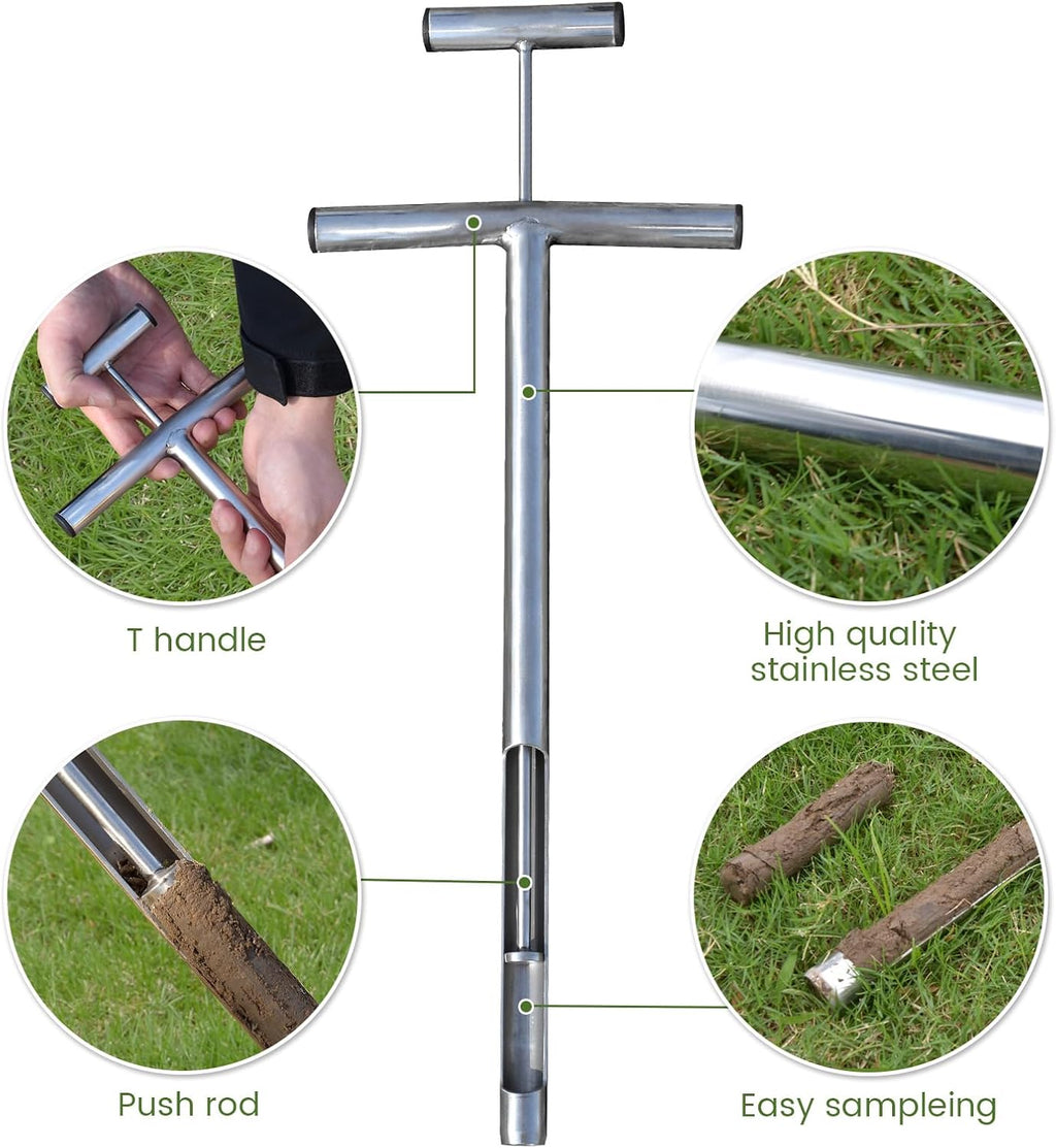 Soil Probe 16 Inch with 2 Bags, Soil Sample Probe with Ejector for Lawn House Plants, T-Handle Soil Sampler Probe Rod