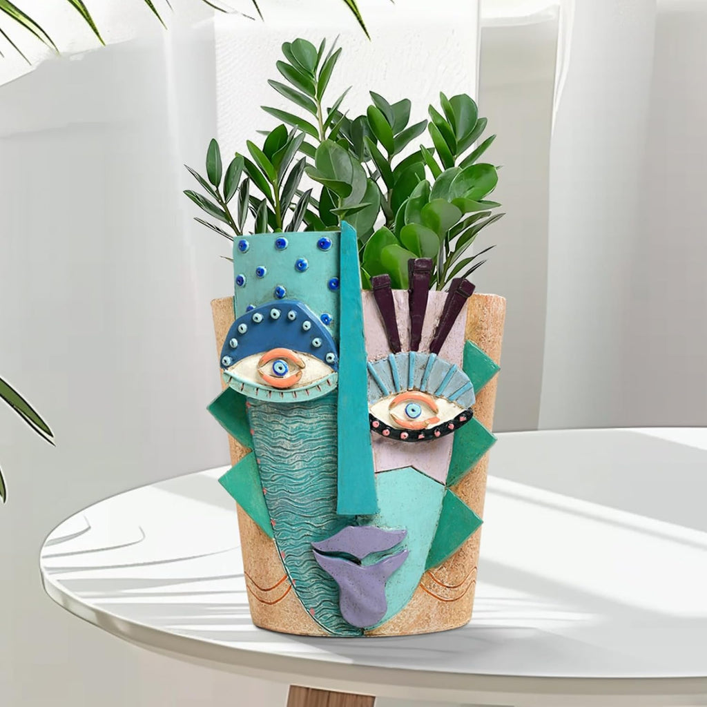 Picasso Abstract Face Planter Pot, Vase Style Flower Pot (Small) | Handcrafted Resin, Drainage Holes, Great for Indoor