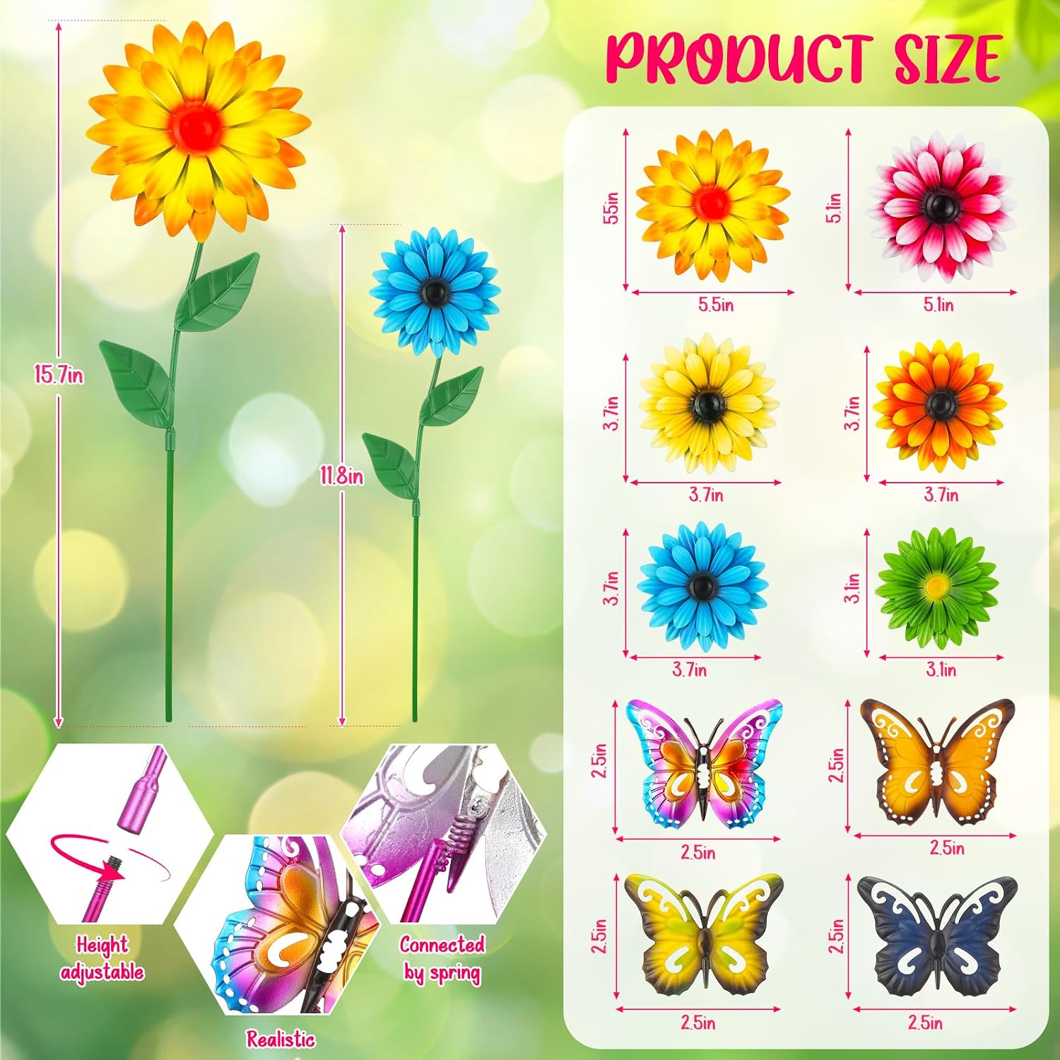 Chumia 10 Pack Decorative Garden Metal Flowers for Outside 3D Garden Flowers Stakes Art Outdoor Yard Decor for Lawn