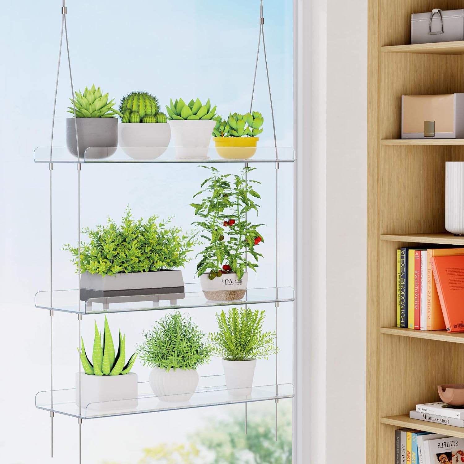 Lifewit 3-Tier Window Plant Shelves, 15" Acrylic Adjustable Hanging Shelf | Versatile Hanger for Small Plants or
