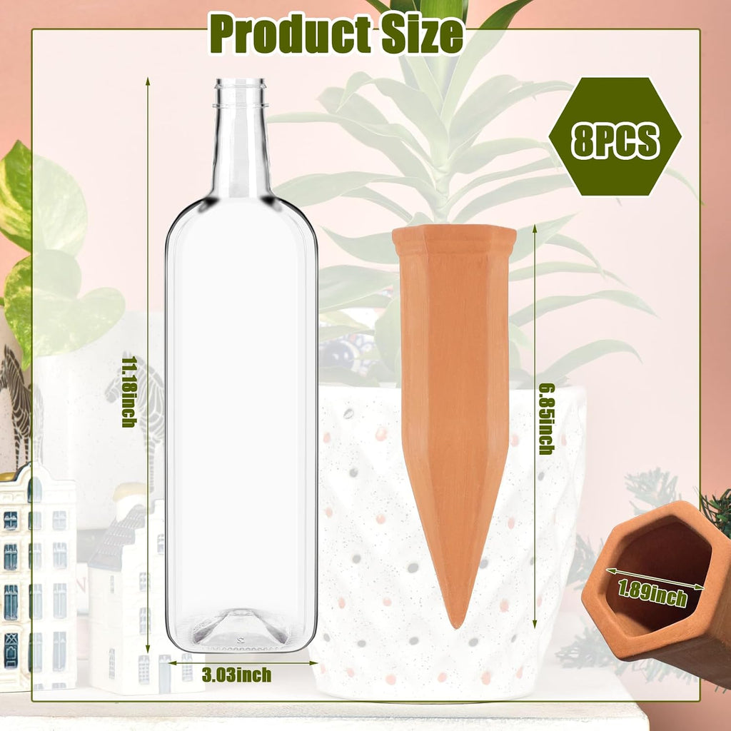 8 Pcs Plant Watering Devices Terracotta Self Watering Plant Spikes and Plastic Bottles, Automatic Terra Cotta Watering