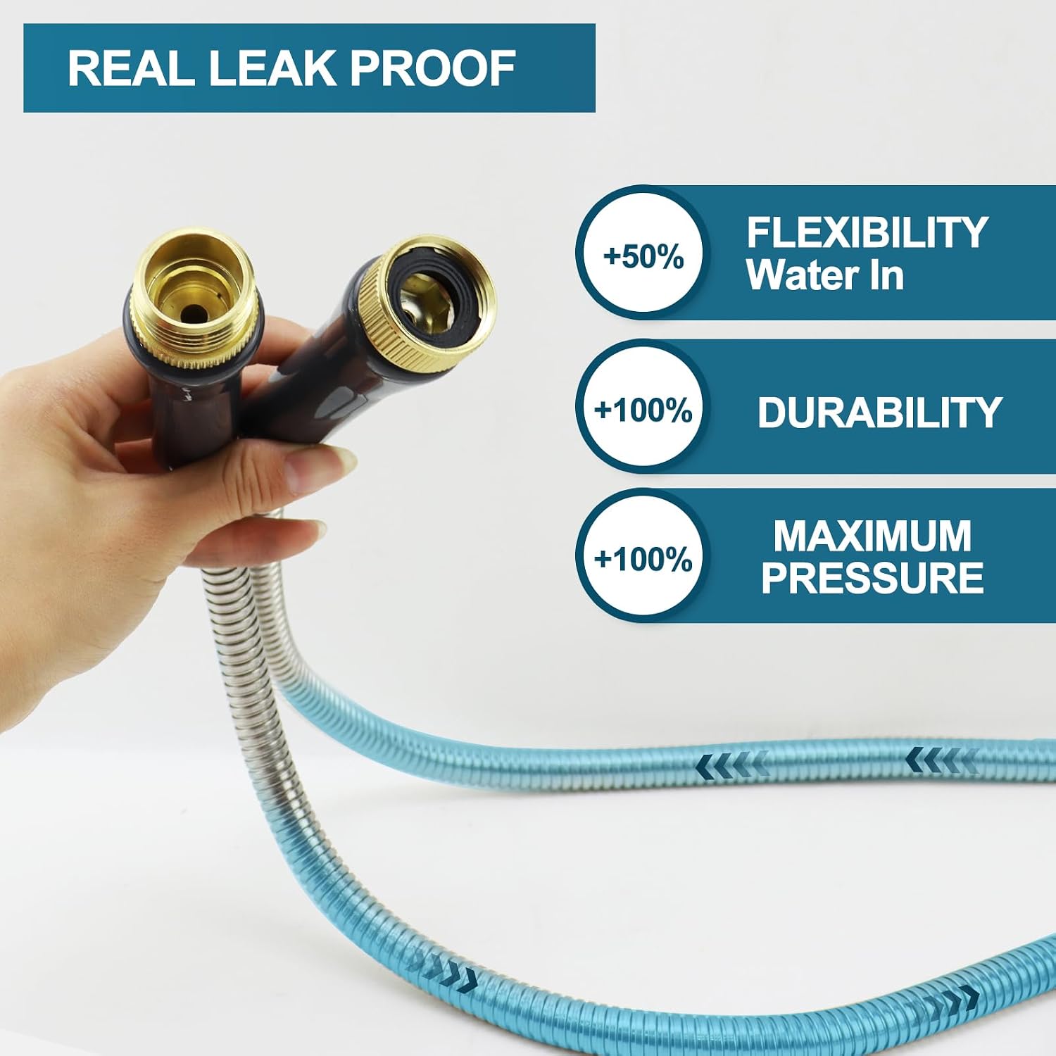Stainless Steel Garden Hose 50ft Heavy Duty Metal Water Hoses with 10 Function Water Hose Nozzles for Yard Outdoor