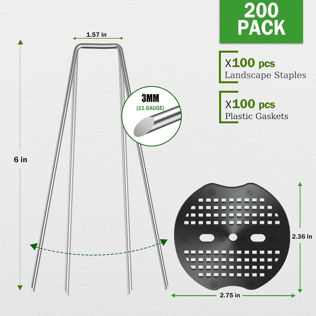 200 Pack Landscape Staples Garden Stakes 6 Inch 11 Gauge Galvanized Landscape Fabric Pins Anti-Rust Landscape Spike